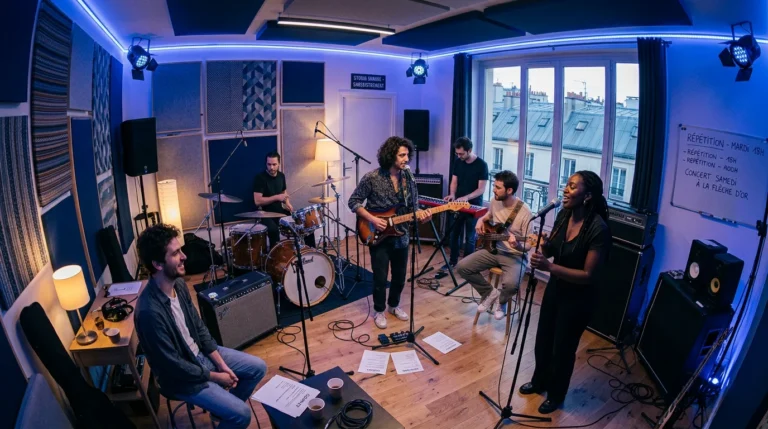 Groupe en répétition, guitare, batterie et chant, dans un studio éclairé en bleu, un ingénieur assis au premier plan