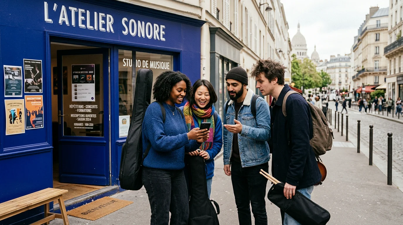 Groupe de musiciens comparant des studios de répétition à Paris sur un smartphone